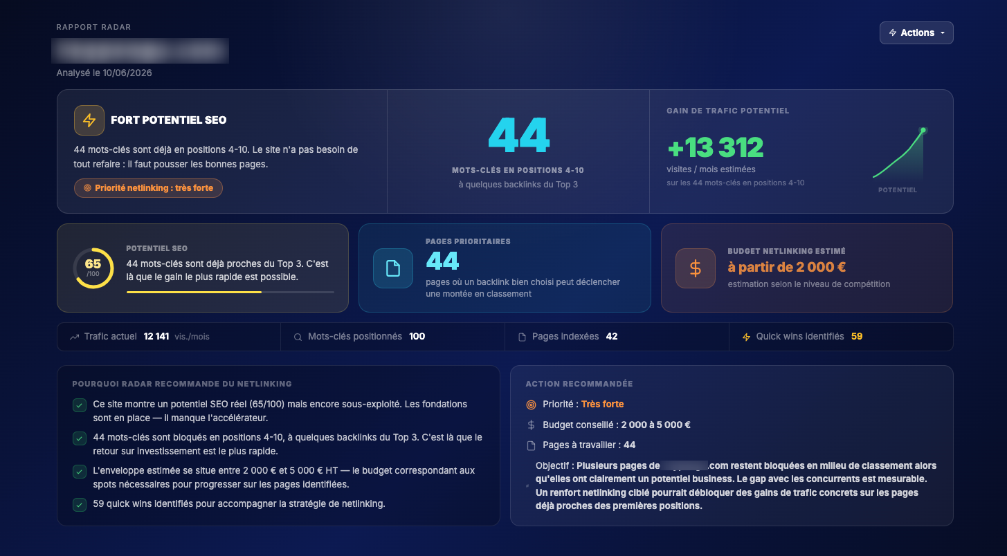 Rapport Radar – Verdict netlinking, ROI potentiel estimé et budget recommandé