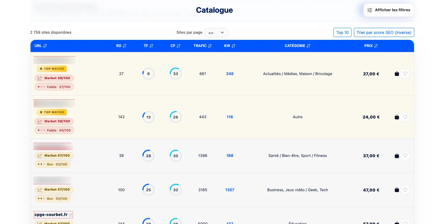 Catalogue Valinko pour acheter des backlinks de qualité avec filtres SEO