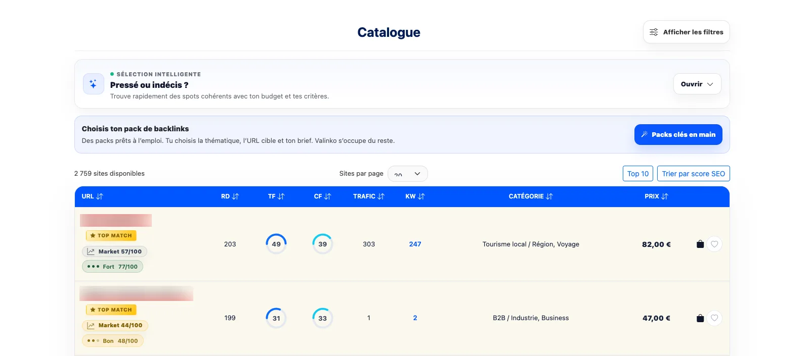 Catalogue Valinko pour acheter des backlinks pas chers avec filtres SEO