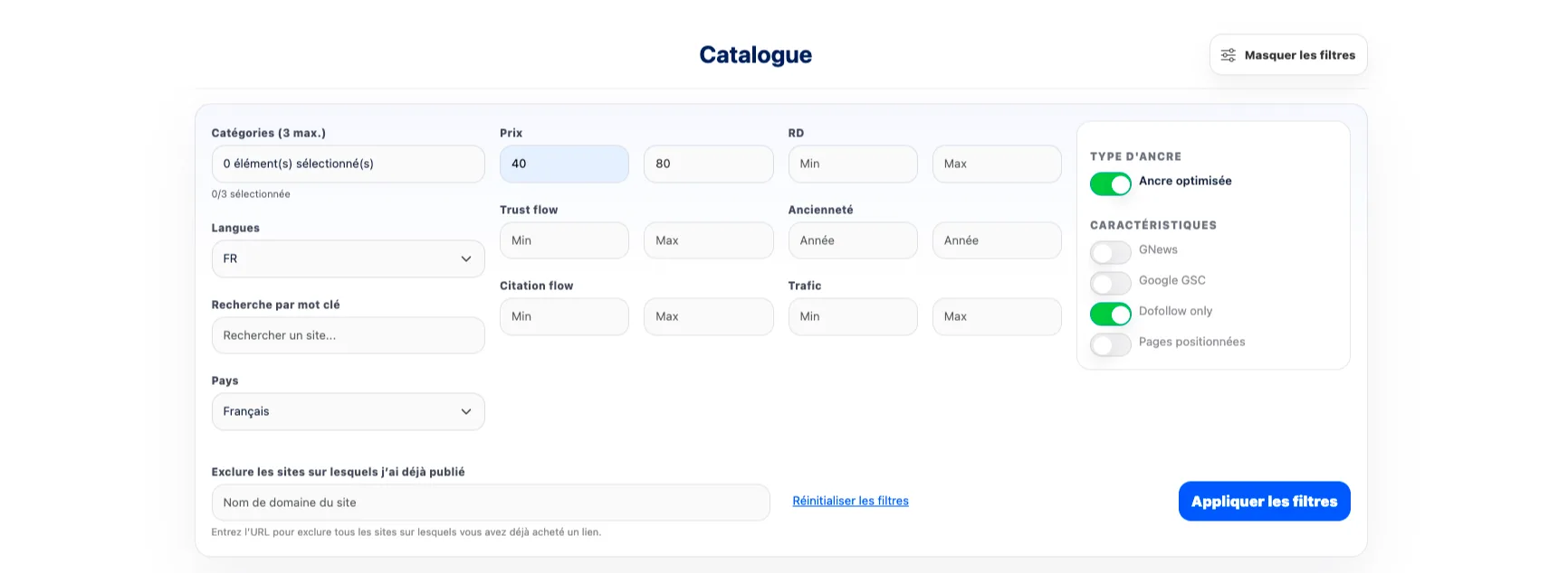 Catalogue Valinko pour comparer les tarifs de netlinking selon les critères SEO