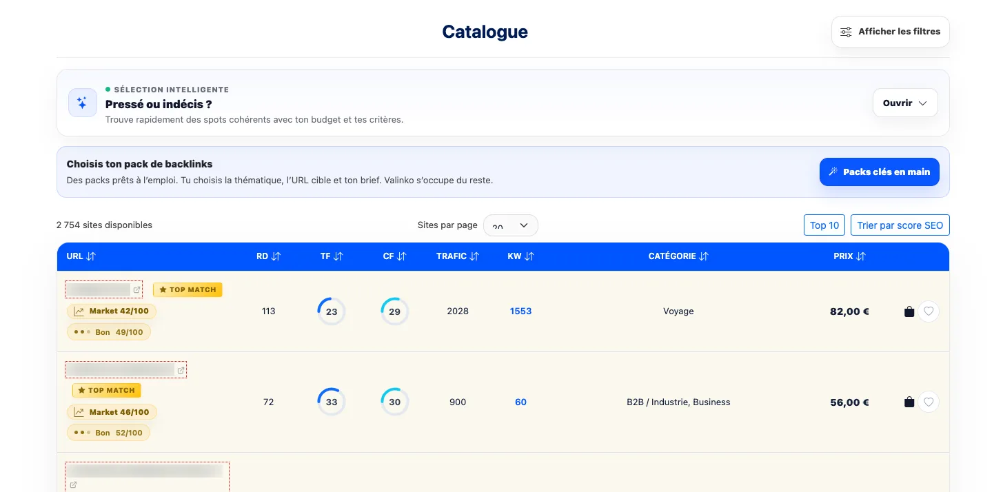 Catalogue Valinko avec filtres par thématique, pays, trafic, DR, TF et prix pour choisir des backlinks