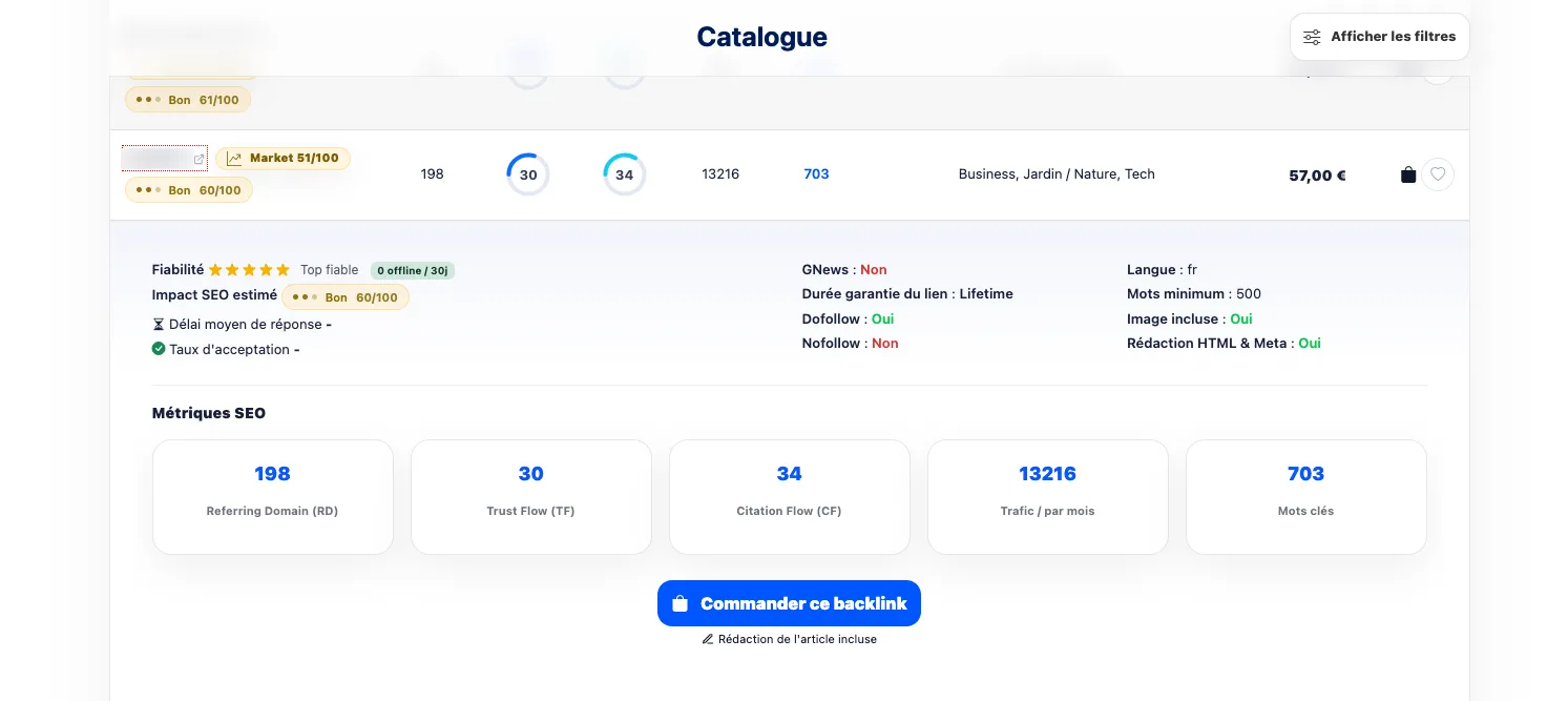 Fiche site Valinko anonymisée avec métriques SEO, thématique, pays, trafic estimé, prix et type de publication