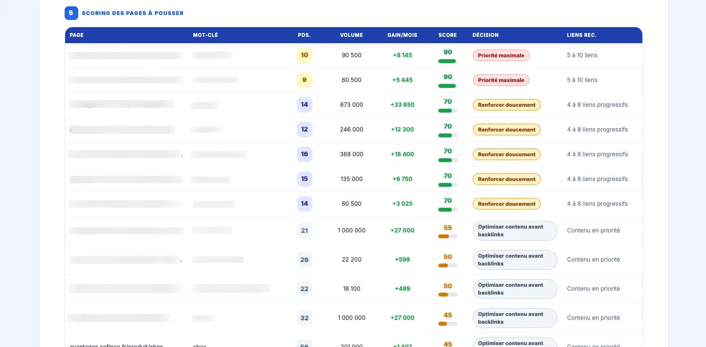 Radar montrant la répartition des backlinks par page et les opportunités de renforcement SEO
