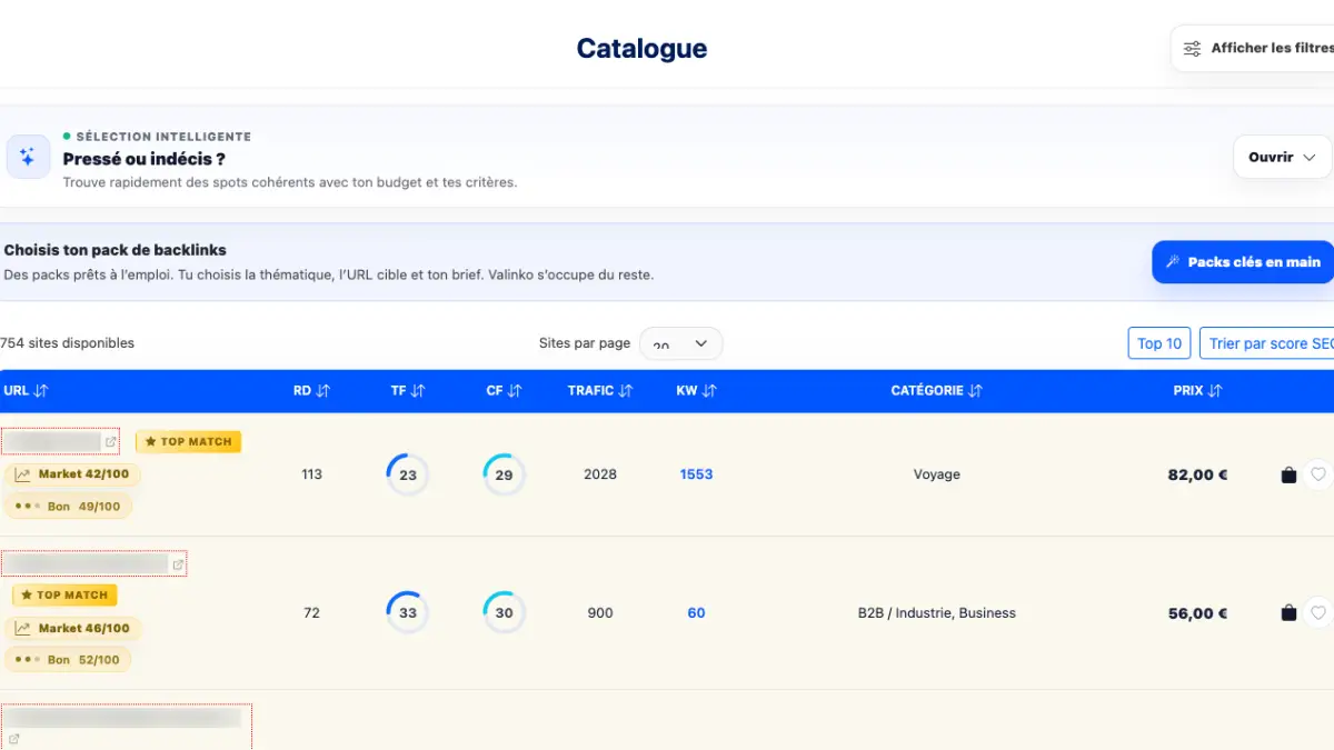 Plateforme de backlinks Valinko avec catalogue de sites éditeurs