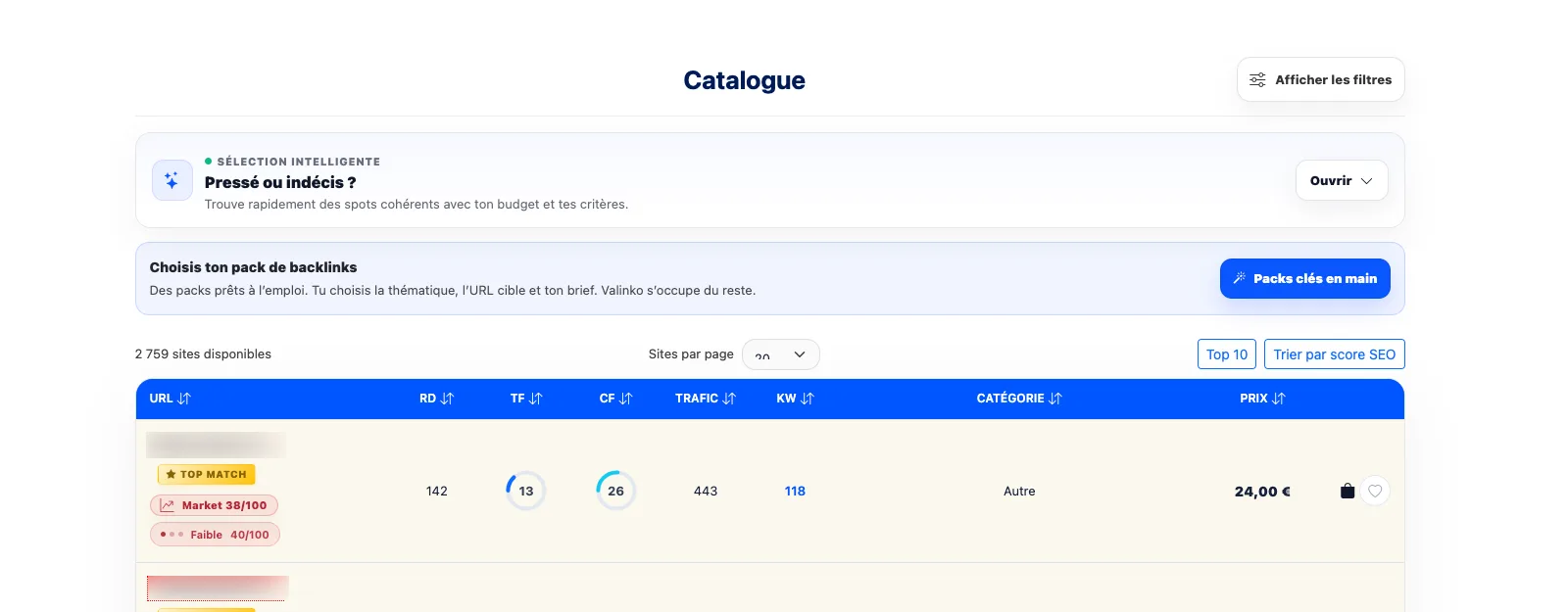 Catalogue Valinko pour comparer le prix des backlinks selon les critères SEO