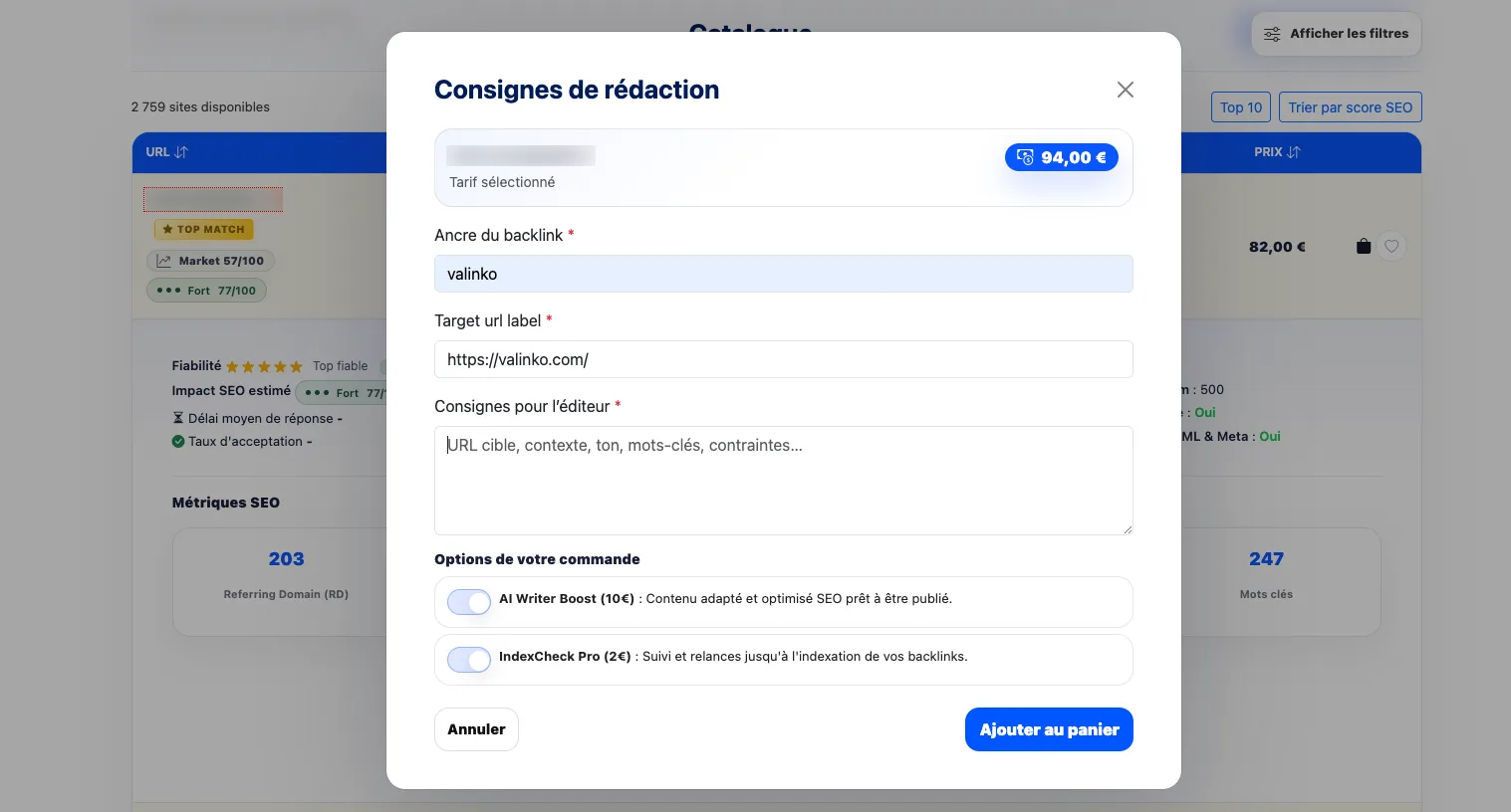 Étapes pour acheter des backlinks pas chers sur Valinko