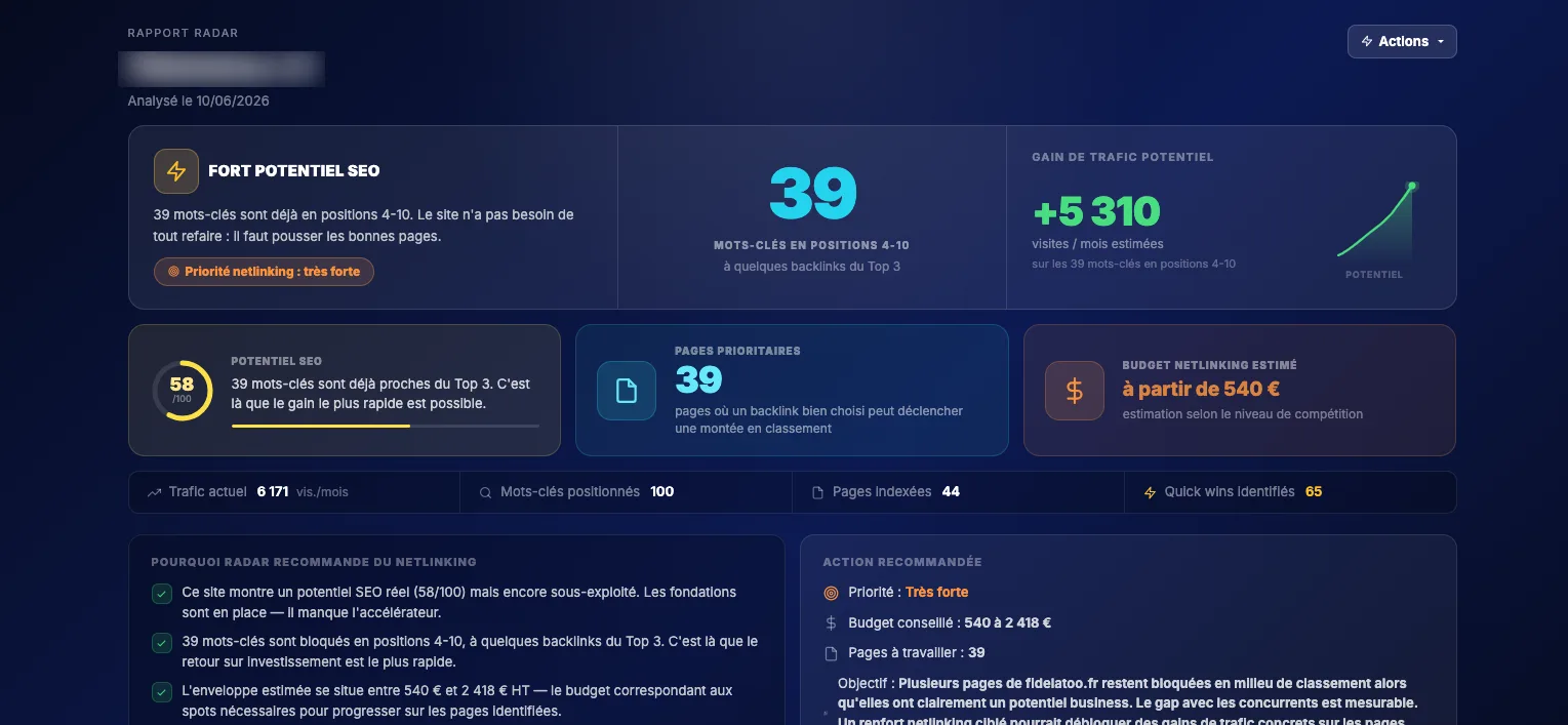 Radar Valinko qui priorise les pages cibles les ancres et le budget avant une campagne de backlinks français